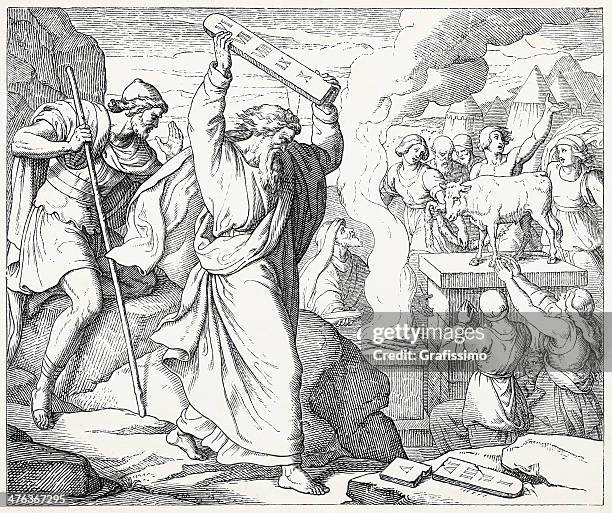 ilustrações, clipart, desenhos animados e ícones de moses destruir o os dez mandamentos e golden panturrilha - moses on mount sinai with the ten commandments