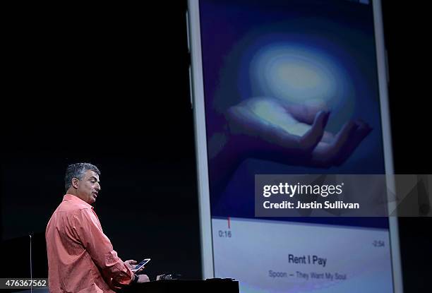 Apple's senior vice president of Internet Software and Services Eddy Cue speaks about Apple Music during Apple WWDC on June 8, 2015 in San Francisco,...