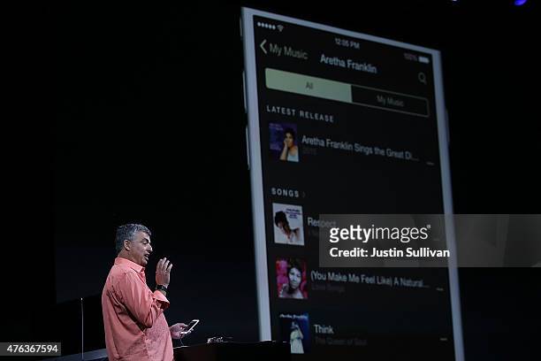 Apple's senior vice president of Internet Software and Services Eddy Cue speaks about Apple Music during Apple WWDC on June 8, 2015 in San Francisco,...