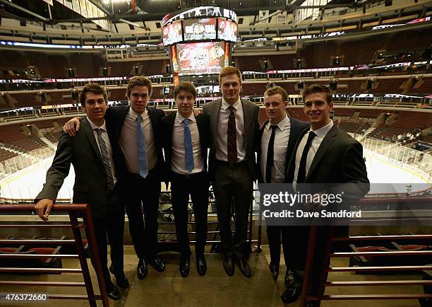 Top draft prospects Dylan Strome, Connor McDavid, Mitchell Marner, Lawson Crouse, Jack Eichel and Noah Hanafin pose for a picture during media...