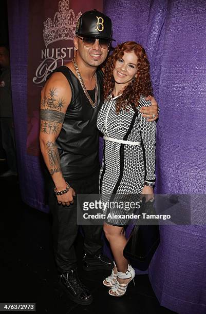 Wisin and Yomaira Ortiz are seen attending the premiere show of Univision's Nuestra Belleza Latina at Univision Headquarters on March 2, 2014 in...