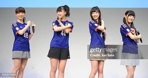 Yuko Oshima, Mako Kojima, Miki Nishino and Nana Okada of AKB48 attend the press conference for Adidas "Enjin Project" at Ebisu Garden Place on March...