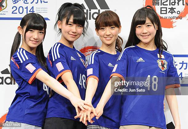 Nana Okada, Mako Kojima, Yuko Oshima and Miki Nishino of AKB48 attend the press conference for Adidas "Enjin Project" at Ebisu Garden Place on March...