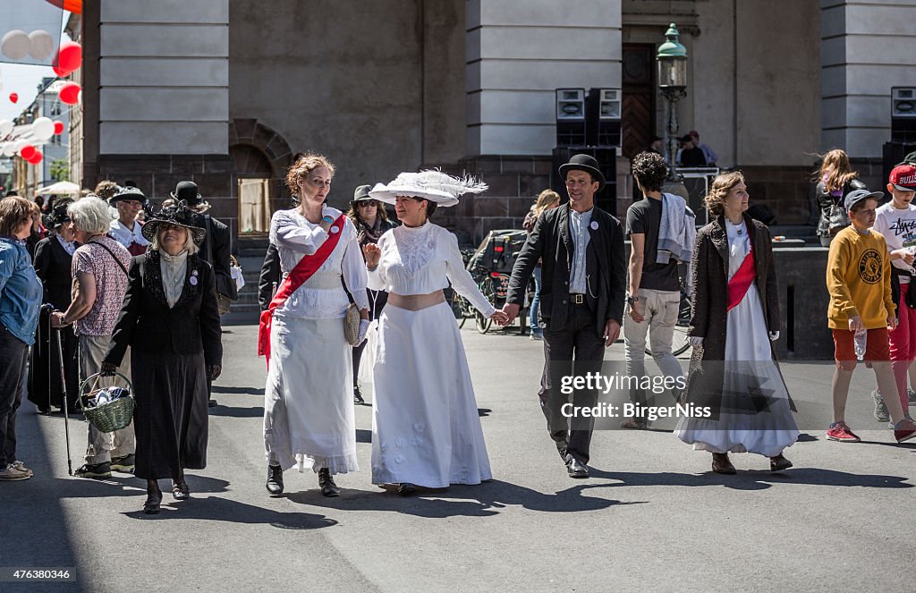 Women dressed as suffragettes, Copenhagen, Denmark