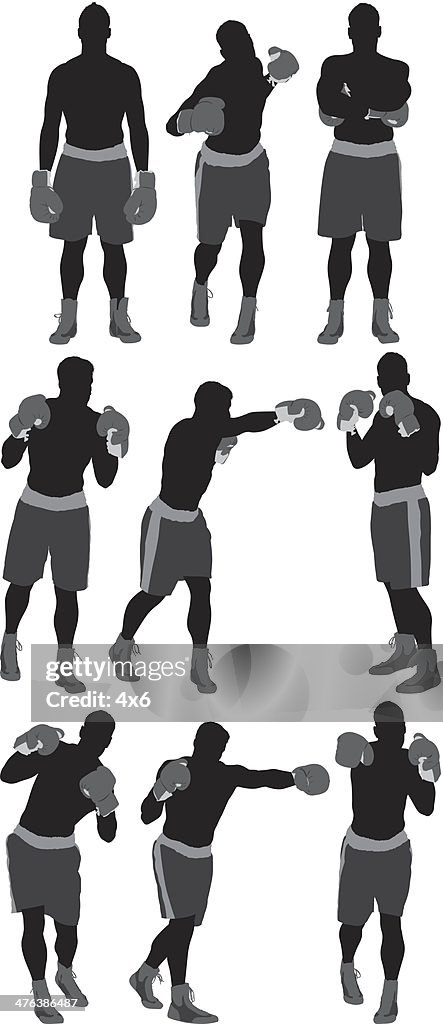 Multiple images of a boxer in action