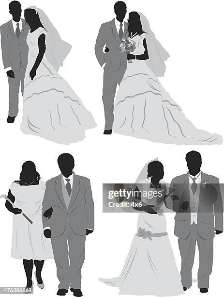 silhouette of newlywed couples - front on groom and bride stock illustrations