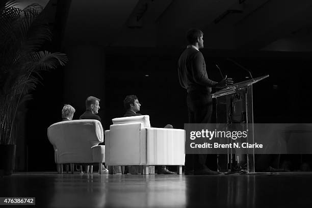Photographer/author Brandon Stanton speaks on stage during the adult book and author breakfast at BookExpo America held at the Javits Center on May...