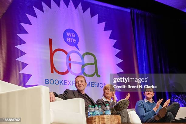 Author Lee Child, long distance swimmer/author Diana Nyad and photographer/author Brandon Stanton appear on stage during the adult book and author...