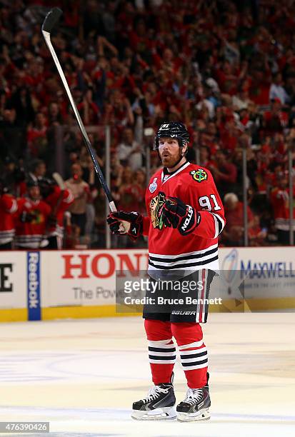 Brad Richards of the Chicago Blackhawks celebrates a first period goal against the Tampa Bay Lightning during Game Three of the 2015 NHL Stanley Cup...