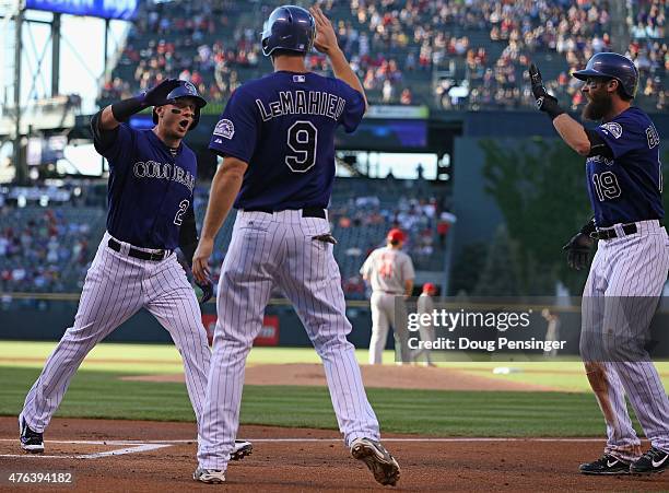 Troy Tulowitzki of the Colorado Rockies celebrates his three run home run off of starting pitcher John Lackey of the St. Louis Cardinals with DJ...