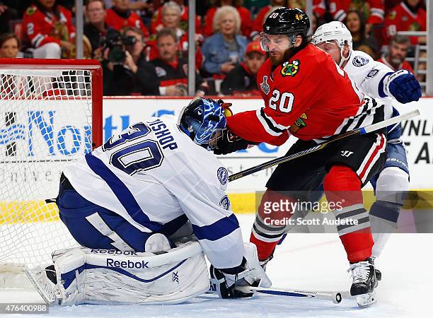 Brandon Saad of the Chicago Blackhawks collides with goaltender Brandon Saad of the Chicago Blackhawks during the second period of Game Three of the...