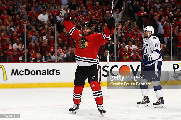 Brandon Saad of the Chicago Blackhawks celebrates a third period goal against the Tampa Bay Lightning during Game Three of the 2015 NHL Stanley Cup...