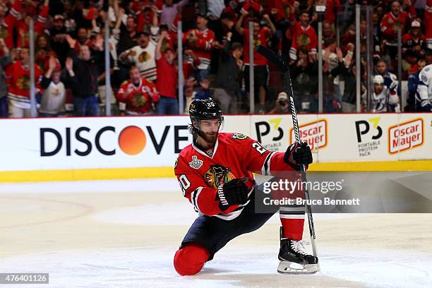 Brandon Saad of the Chicago Blackhawks celebrates a third period goal against the Tampa Bay Lightning during Game Three of the 2015 NHL Stanley Cup...