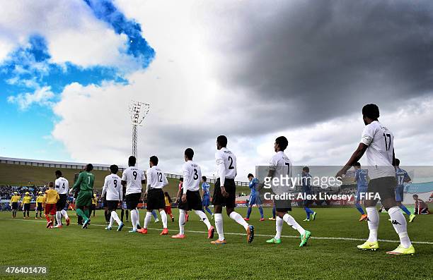 The players of Fiji and Uzbekistan walk out prior to the FIFA U-20 World Cup Group F match between Fiji and Uzbekistan at the Northland Events Centre...