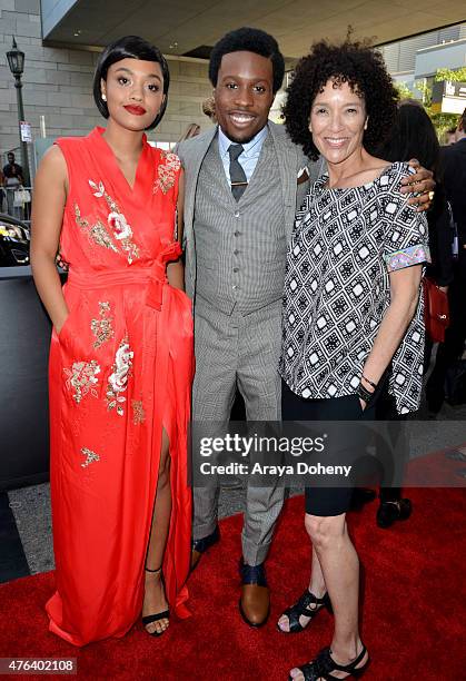Actors Kiersey Clemons, Shameik Moore and LA Film Festival Director Stephanie Allain attend the Los Angeles premiere of "Dope" in partnership with...