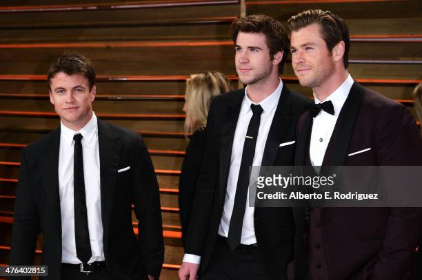 Luke Hemsworth, Liam Hemsworth and Chris Hemsworth attend the 2014 Vanity Fair Oscar Party hosted by Graydon Carter on March 2, 2014 in West...