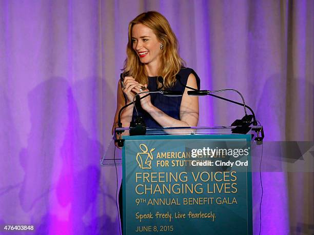Emily Blunt speaks onstage at American Institute for Stuttering Freeing Voices Changing Lives Gala on June 8, 2015 in New York City.