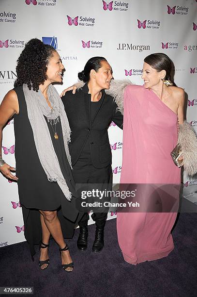 Stacey Scarpone and Sonia Nuttall and Bonnie Young attend 6th Annual Solving Kids Cancer Spring Celebration at 583 Park Avenue on June 8, 2015 in New...