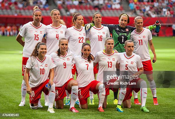The starting eleven for Switzerland poses for a photo prior to the FIFA Women's World Cup Canada 2015 Group C match between Japan and Switzerland...