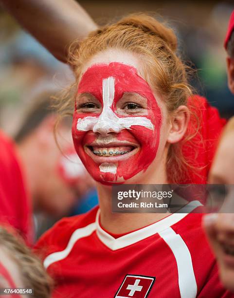 Swiss fan waits for the start of the FIFA Women's World Cup Canada 2015 Group C match between Japan and Switzerland June 2015 at BC Place Stadium in...