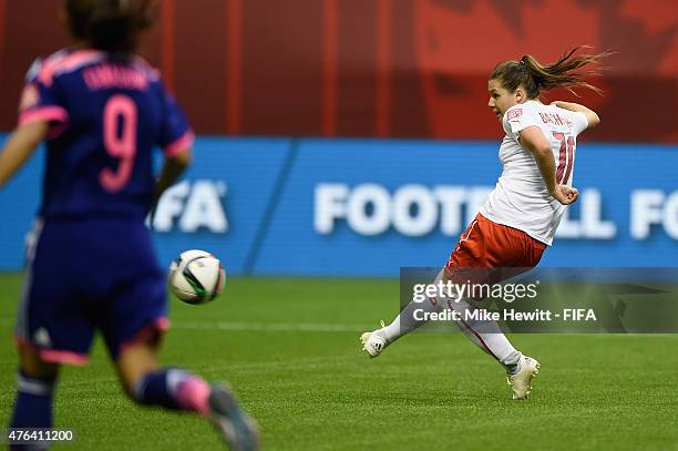 Ramona Bachmann of Switzerland blasts the ball over the bar in the last minute during the FIFA Women's World Cup 2015 Group C match between Japan and...