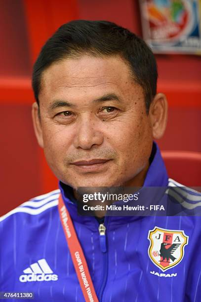 Japan coach Norio Sasaki looks on during the FIFA Women's World Cup 2015 Group C match between Japan and Switzerland at BC Place Stadium on June 8,...