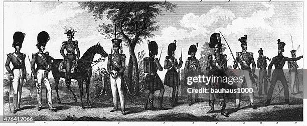 british infantry and cavalry ranks and uniforms engraving - british forces stock illustrations