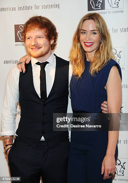 Singer Ed Sheeran and actress Emily Blunt attend the 9th Annual American Institute For Stuttering Benefit Gala at The Lighthouse at Chelsea Piers on...