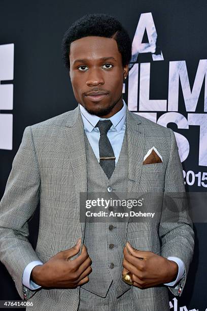 Actor Shameik Moore attends the Los Angeles premiere of "Dope" in partnership with the Los Angeles Film Festival at Regal Cinemas L.A. Live on June...