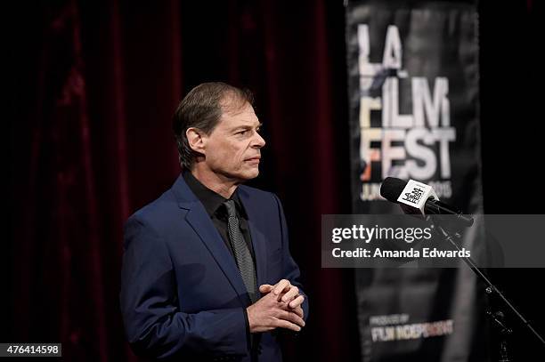 Of Open Road Films Tom Ortenberg speaks onstage at the Los Angeles premiere of "Dope" in partnership with the Los Angeles Film Festival at Regal...