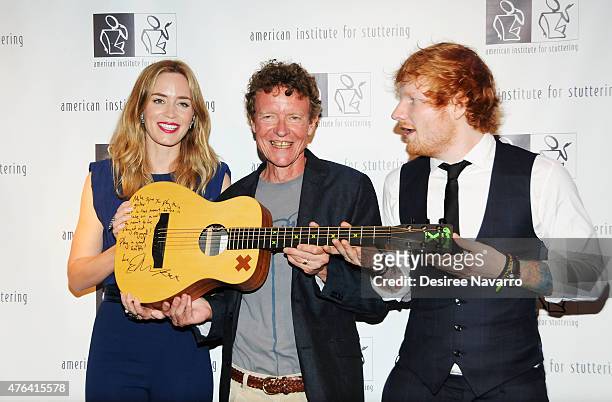 Actress Emily Blunt and singer Ed Sheeran attend the 9th Annual American Institute For Stuttering Benefit Gala at The Lighthouse at Chelsea Piers on...