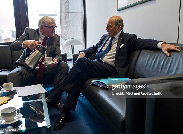 German Foreign Minister Frank-Walter Steinmeier and French Foreign Minister Laurent Fabius meet prior a special session of the EU Council for Foreign...