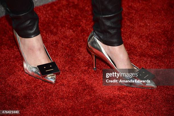 Actress Pom Klementieff, shoe detail, attends the Los Angeles premiere of "Dope" in partnership with the Los Angeles Film Festival at Regal Cinemas...