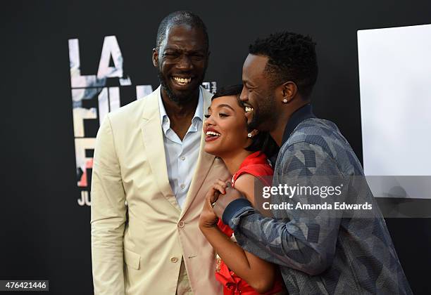 Writer/director/producer Rick Famuyiwa, actress Kiersey Clemons and rapper Casey Veggies attend the Los Angeles premiere of "Dope" in partnership...