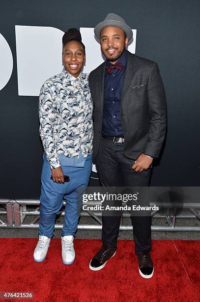 Producer Lena Waithe and filmmaker Justin Simien attend the Los Angeles premiere of "Dope" in partnership with the Los Angeles Film Festival at Regal...