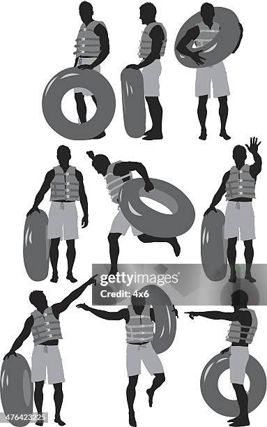 multiple silhouette man with inner tube - life jacket isolated stock illustrations