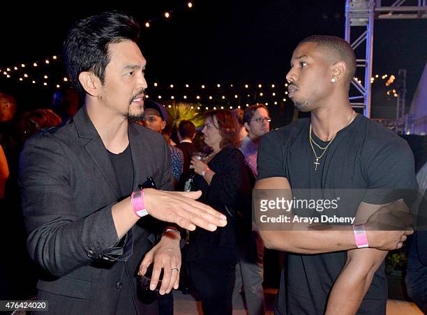 Actors John Cho and Michael B. Jordan attend the after party for the Los Angeles premiere of "Dope" in partnership with the Los Angeles Film Festival...