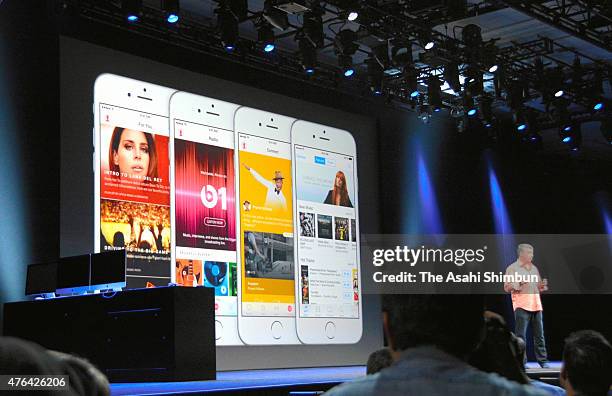 Apple's senior vice president of Internet Software and Services Eddy Cue speaks about Apple Music during Apple WWDC on June 8, 2015 in San Francisco,...