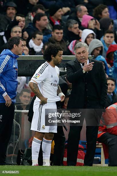 Marcelo of Real Madrid, Coach Carlos Ancelotti of Real Madrid during the Spanish Primera División match between Atletico Madrid and Real Madrid at...