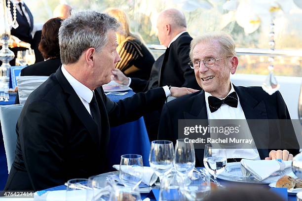 David Foster and Alfred Mann attend dinner during Alfred Mann Foundation's an Evening Under The Stars with Andrea Bocelli on June 8, 2015 in Los...