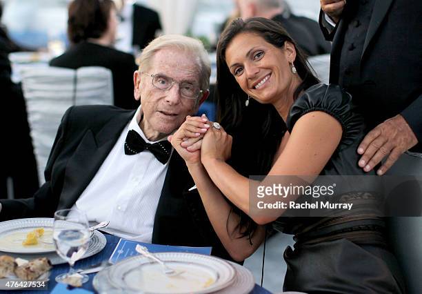 Alfred Mann and Veronica Berti attend dinner during Alfred Mann Foundation's an Evening Under The Stars with Andrea Bocelli on June 8, 2015 in Los...