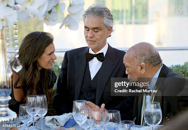 Veronica Berti, Andrea Bocelli, and Quincy Jones attend dinner during Alfred Mann Foundation's an Evening Under The Stars with Andrea Bocelli on June...