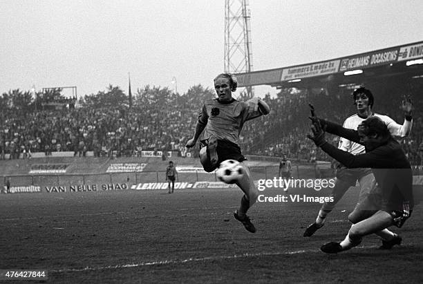 Ruud Geels of the Netherlands scores a goal during the world cup qualifier match between the Netherlands and Iceland on august 31,1977 at De Goffert...