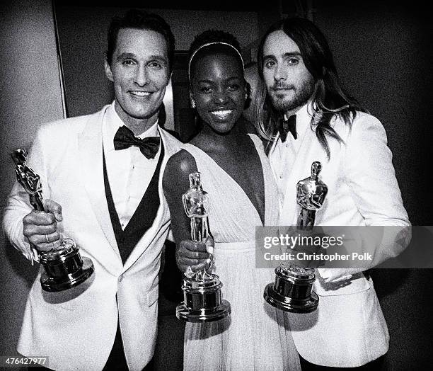 Best Actor and Best Supporting actors Matthew McConaughey and Jared Leto pose backstage with Best Supporting Actress winner Lupita Nyong'o during the...