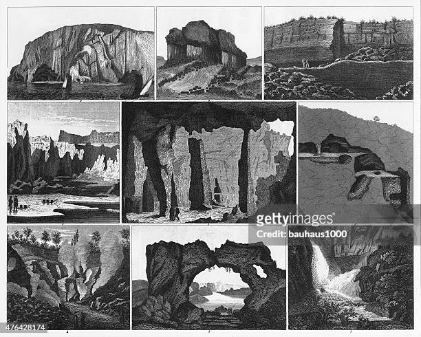 eisberge, lava-höhlen und felsformationen gravur - basalt stock-grafiken, -clipart, -cartoons und -symbole