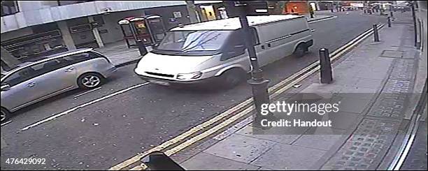 This handout image supplied by the Metropolitan Police, shows a white van, reg DU53 VNG, seen in the Hatton Garden area over the Easter weekend when...