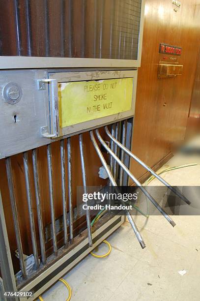 This handout image supplied by the Metropolitan Police, shows a view of the vault door at Hatton Garden Safe Deposit Limited following the Easter...