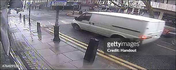 This handout image supplied by the Metropolitan Police, shows a white van, reg DU53 VNG, seen in the Hatton Garden area over the Easter weekend when...