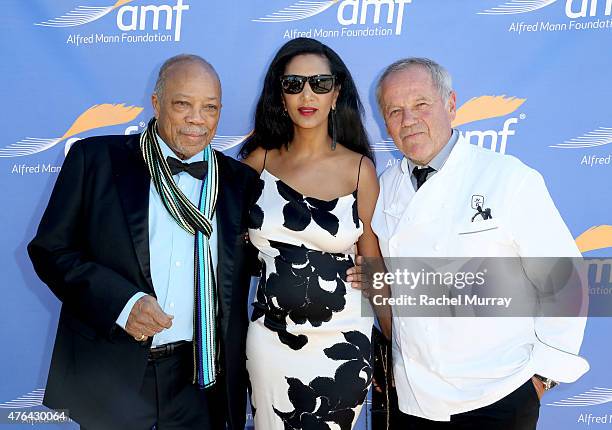 Quincy Jones, Gelila Assefa, and Wolfgang Puck attend Alfred Mann Foundation's an Evening Under The Stars with Andrea Bocelli on June 8, 2015 in Los...