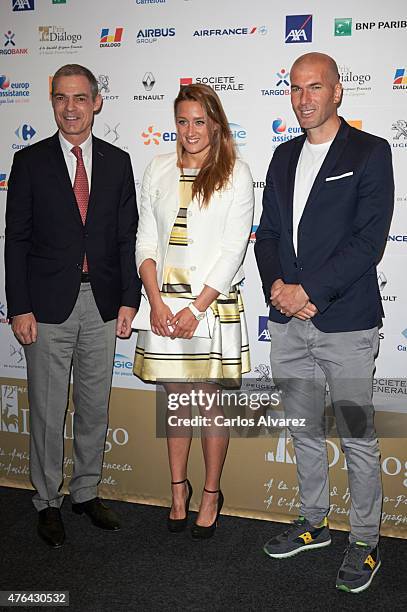 French Ambassador Jerome Bonnafont , Mireia Belmonte and Zinedine Zidane attend the 10th "Prix Dialogo a la Amistad Hispano-Francesa" photocall at...